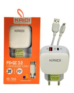 Carregador Celular USB e USB-C para Lightning 20W Kaidi KD-106A